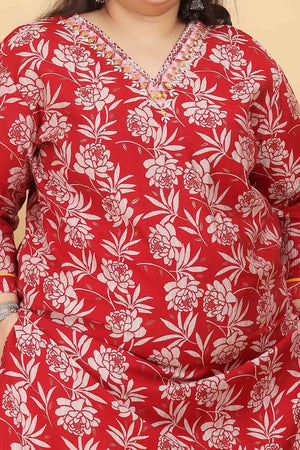 Red Floral Printed Viscose Straight Salwar Suit