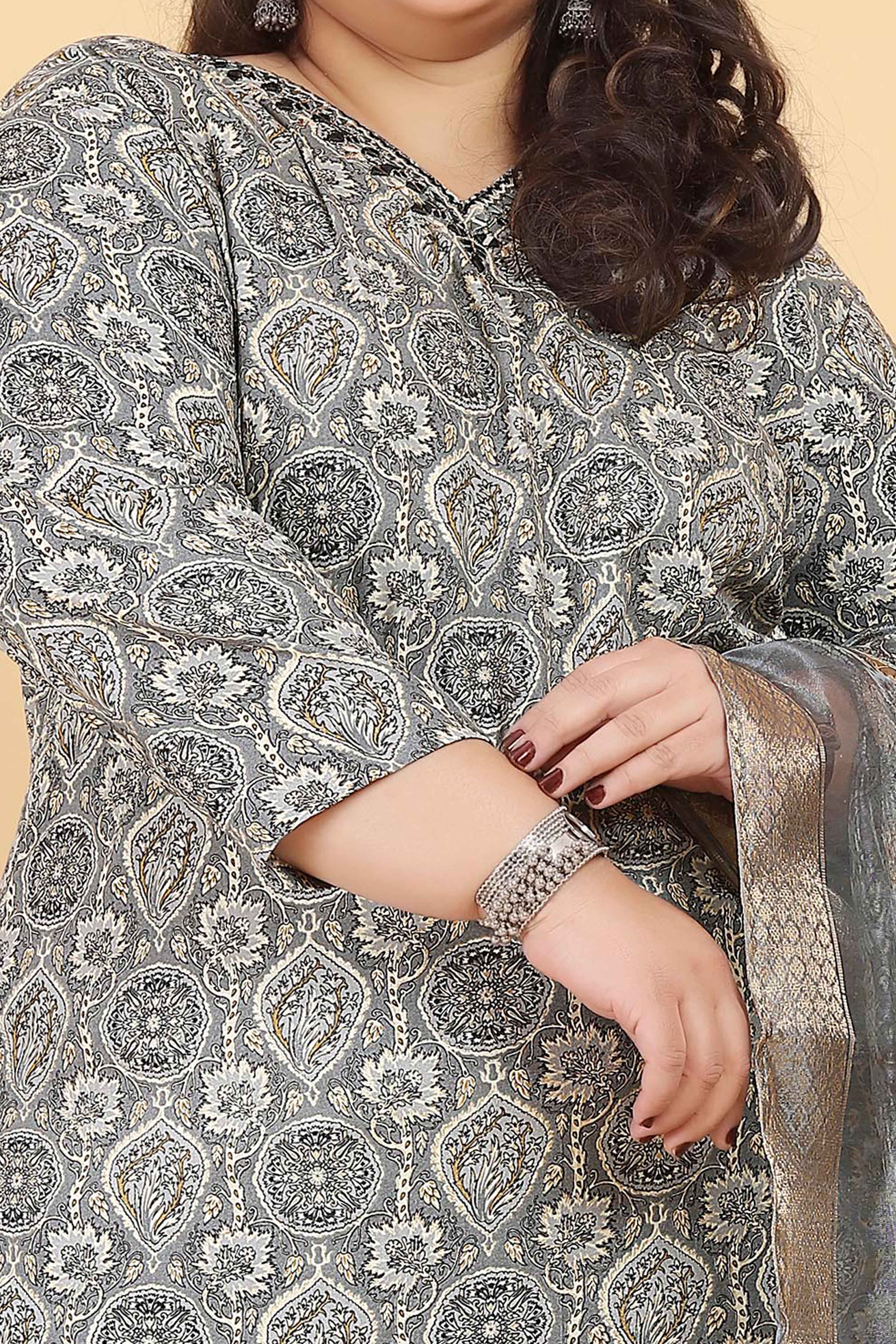 Grey Rayon Straight Salwar Suit Set with Delicate Floral Prints & Side Pockets