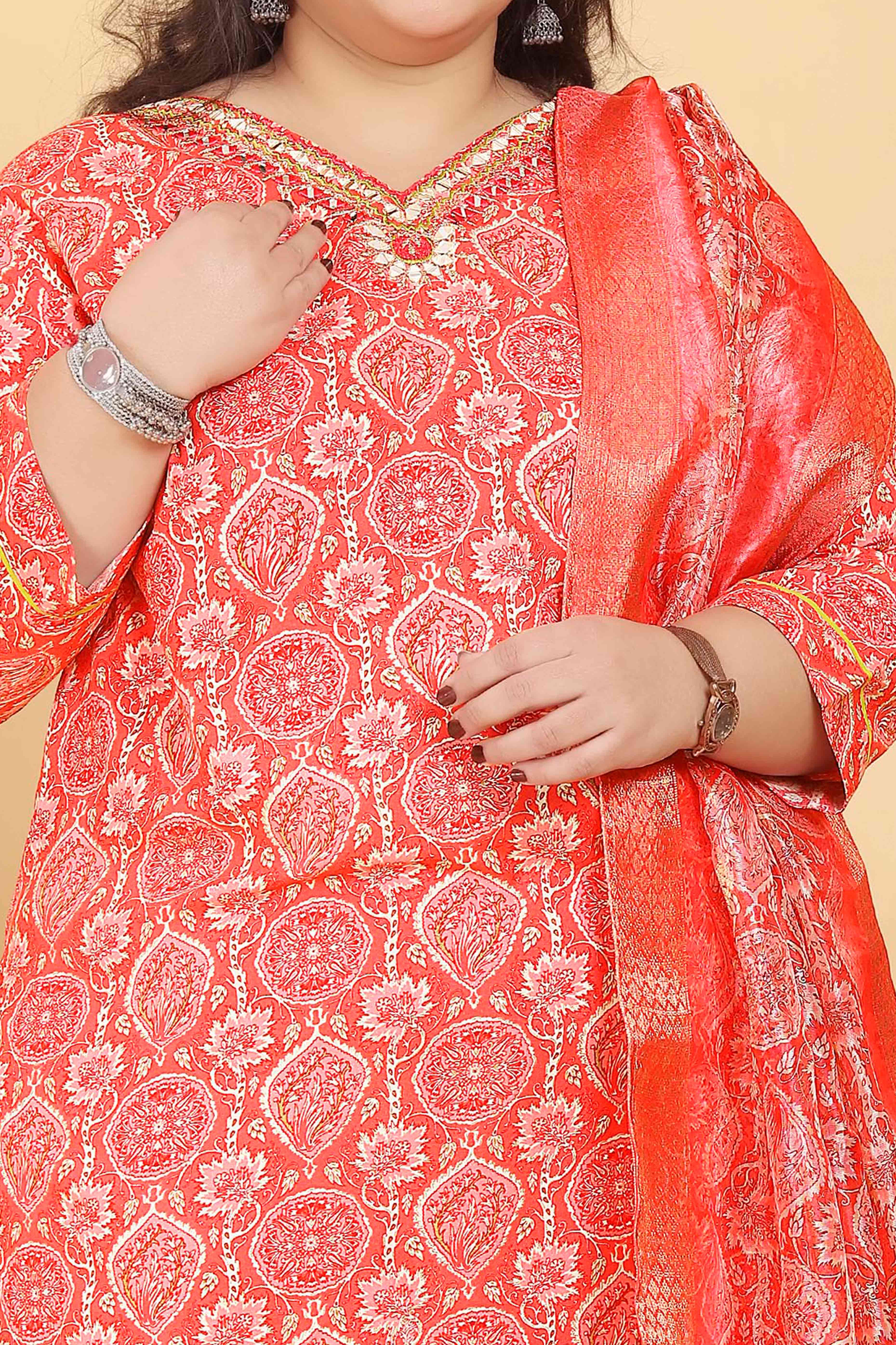 Orange Rayon Straight Salwar Suit Set with Delicate Floral Prints & Side Pockets