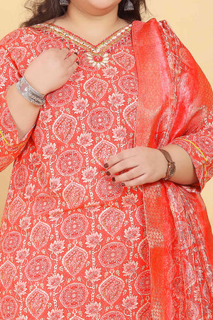 Orange Rayon Straight Salwar Suit Set with Delicate Floral Prints & Side Pockets