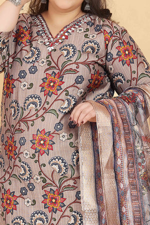 Grey Floral Foil Printed With Mirror Handwork Viscose Salwar Suit