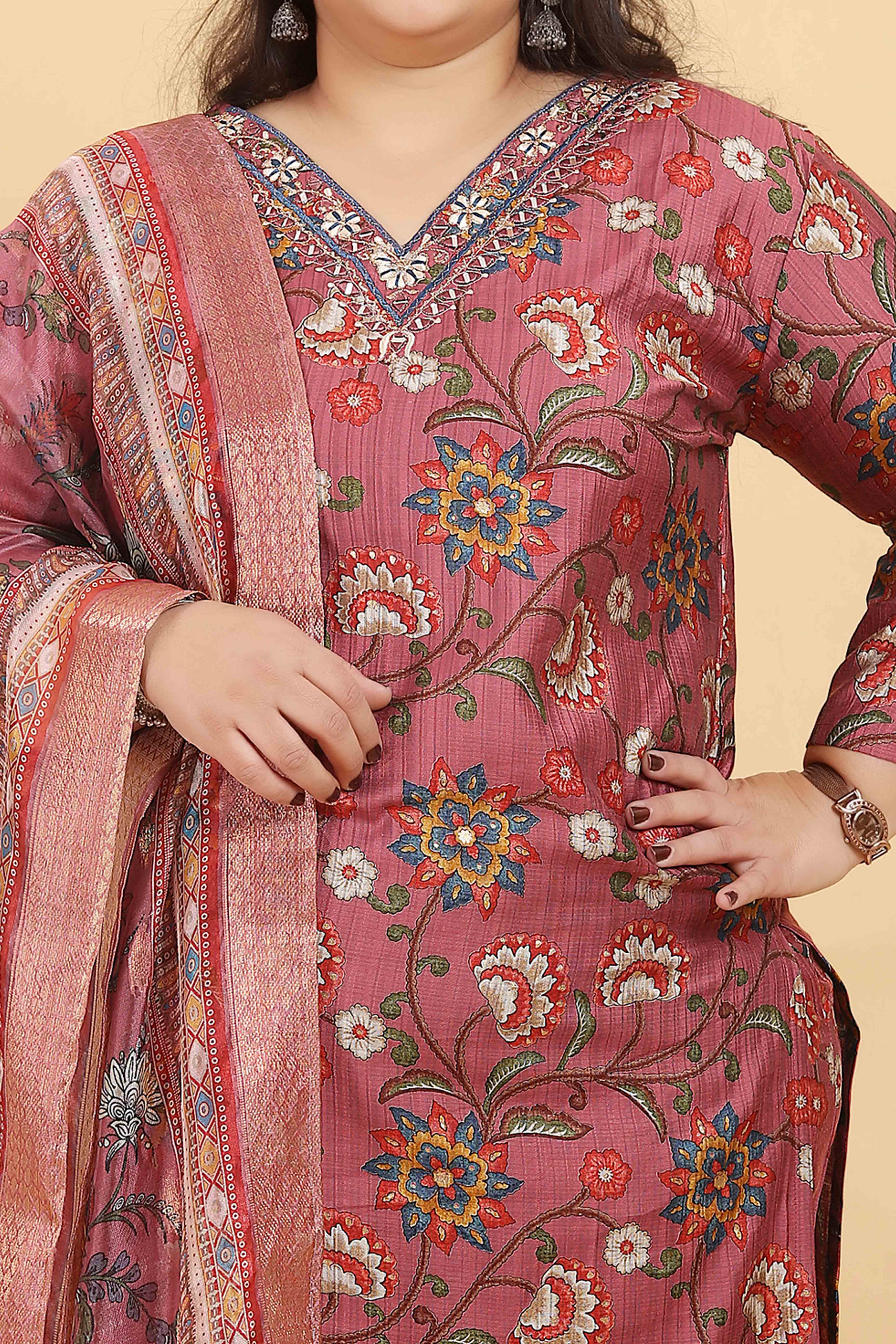Onion Pink Floral Foil Printed With Mirror Handwork Viscose Salwar Suit