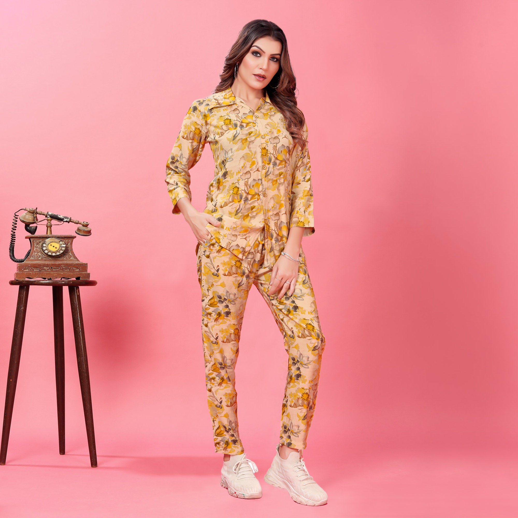 Yellow Floral Printed Rayon Co Ord Set