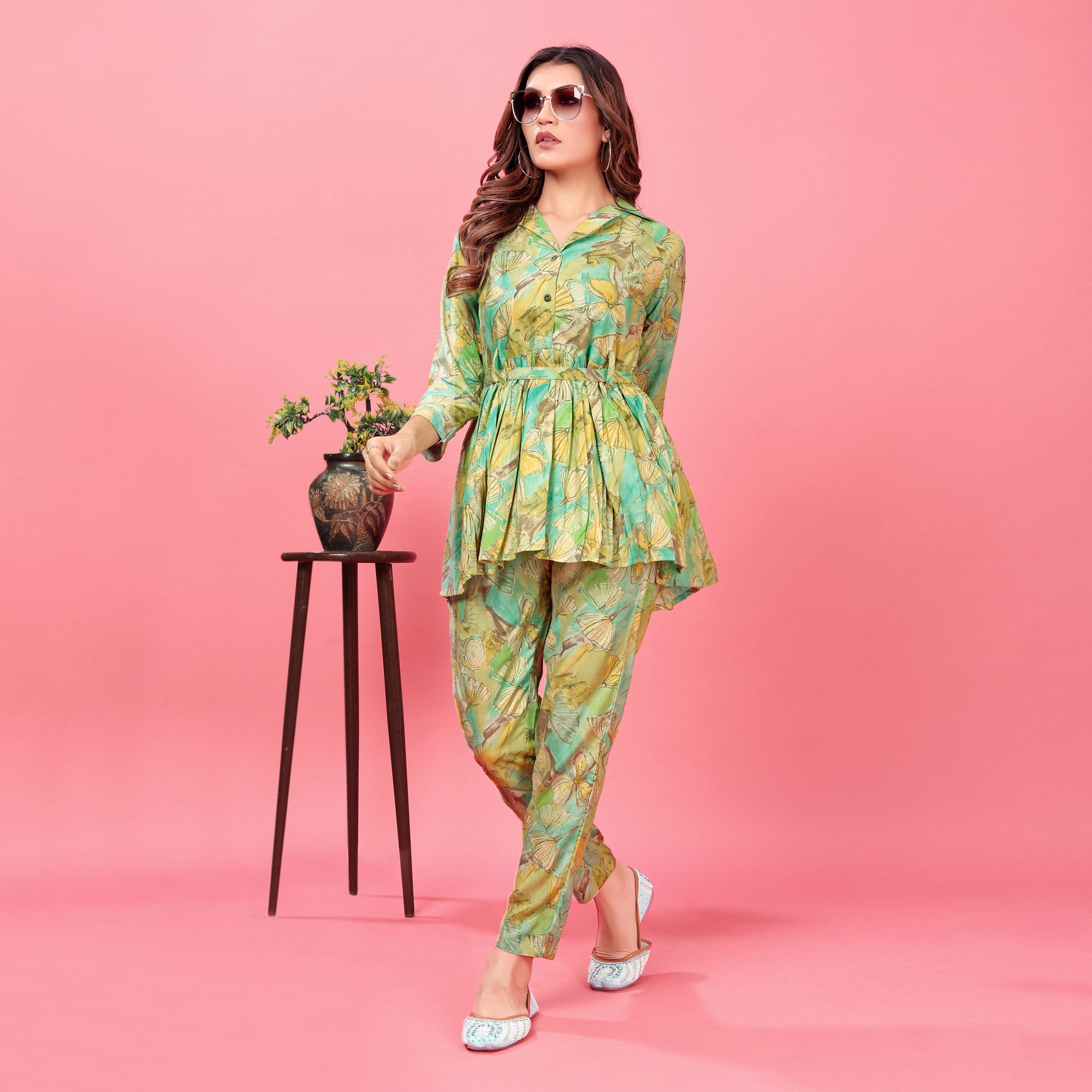 Green Floral Printed Rayon Co Ord Set