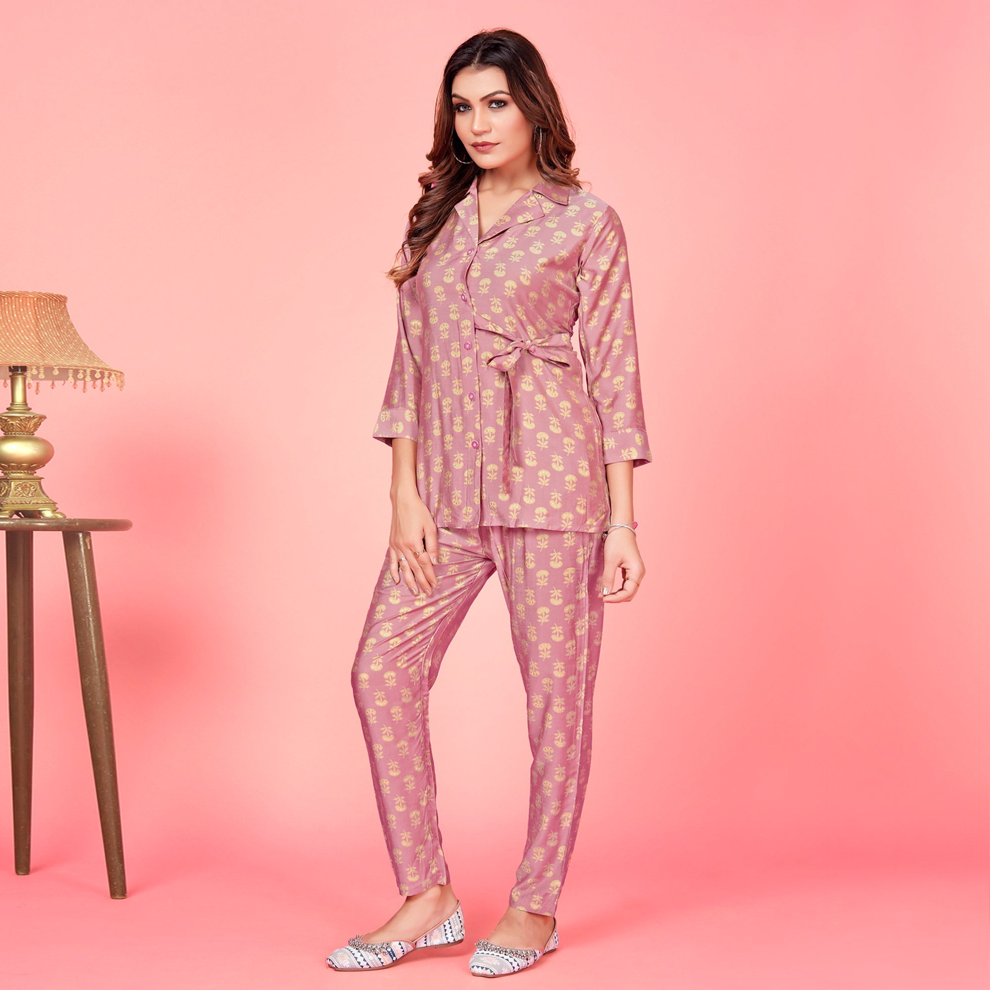 Pink Floral Printed Pure Silk Co Ord Set