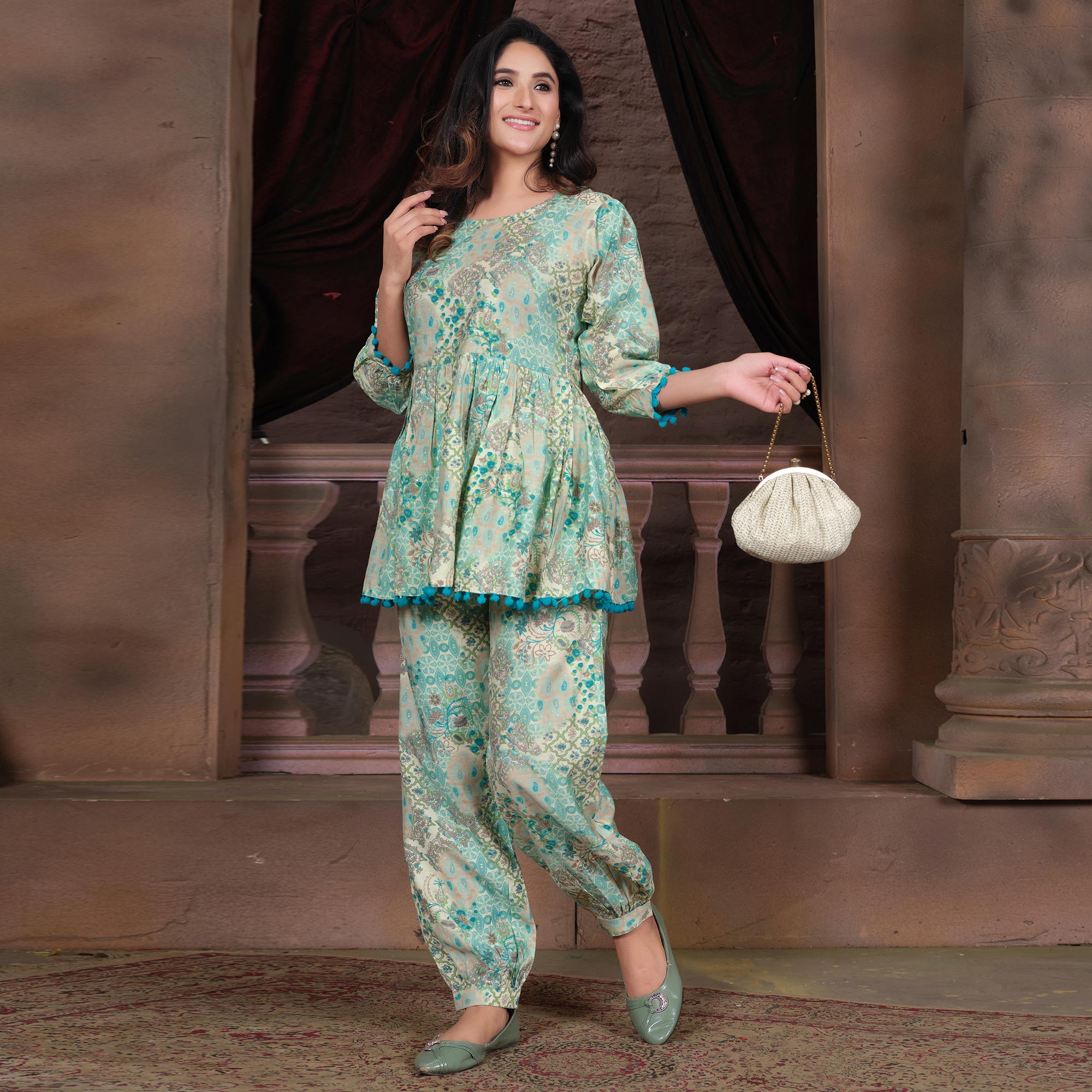Turquoise Floral Printed Chanderi Co Ord Set