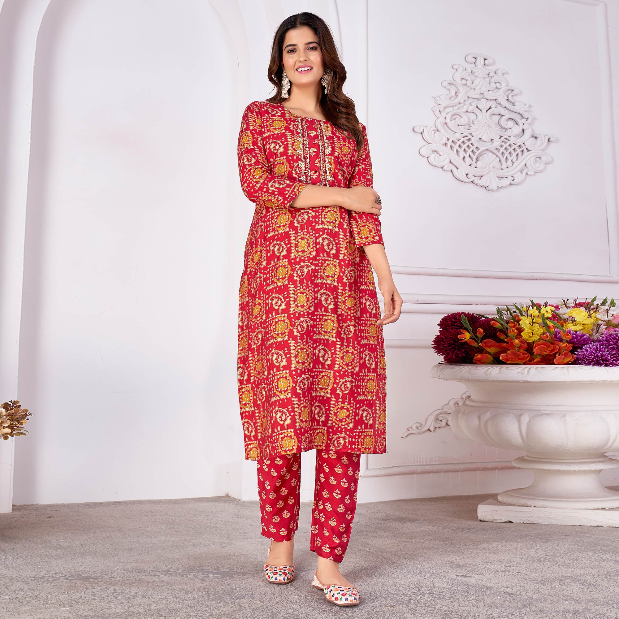 Red Foil Printed Viscose Straight Kurti Sets