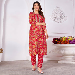 Red Foil Printed Viscose Straight Kurti Sets