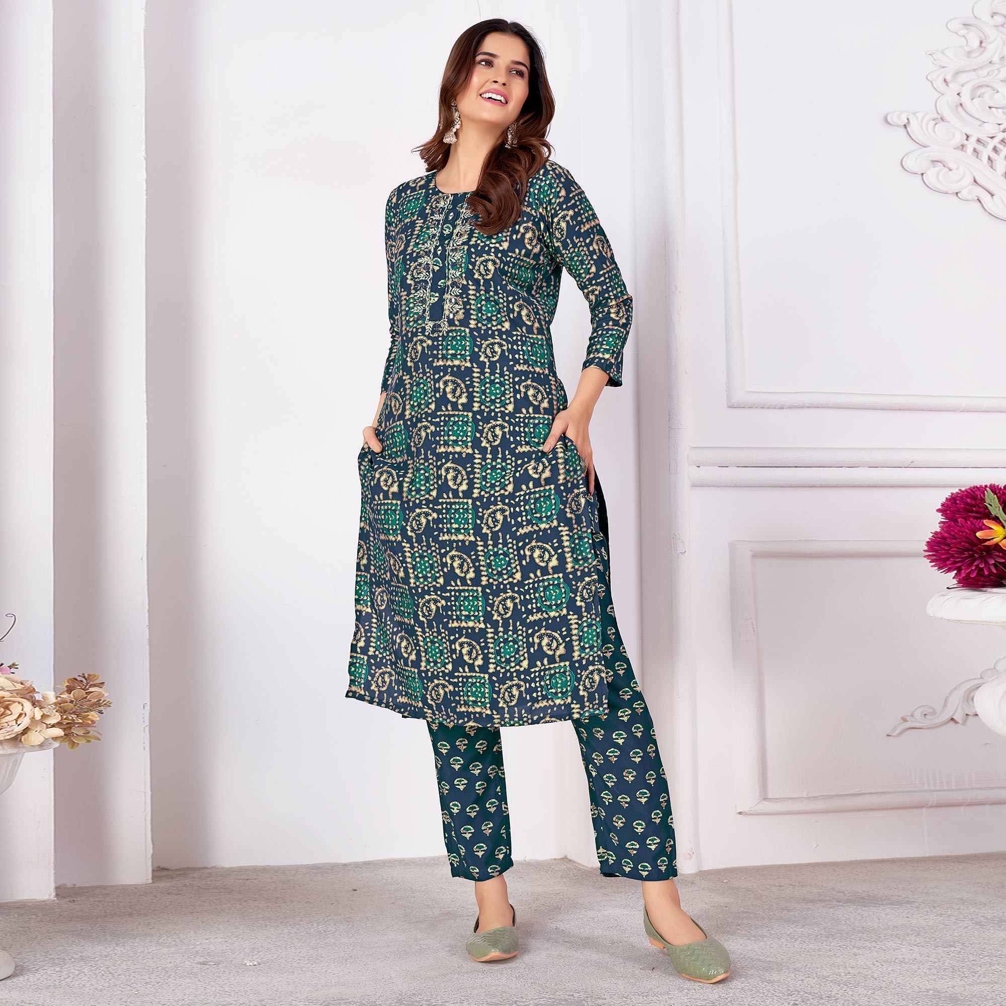 Navy Blue Foil Printed Viscose Straight Kurti Sets