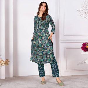 Navy Blue Foil Printed Viscose Straight Kurti Sets