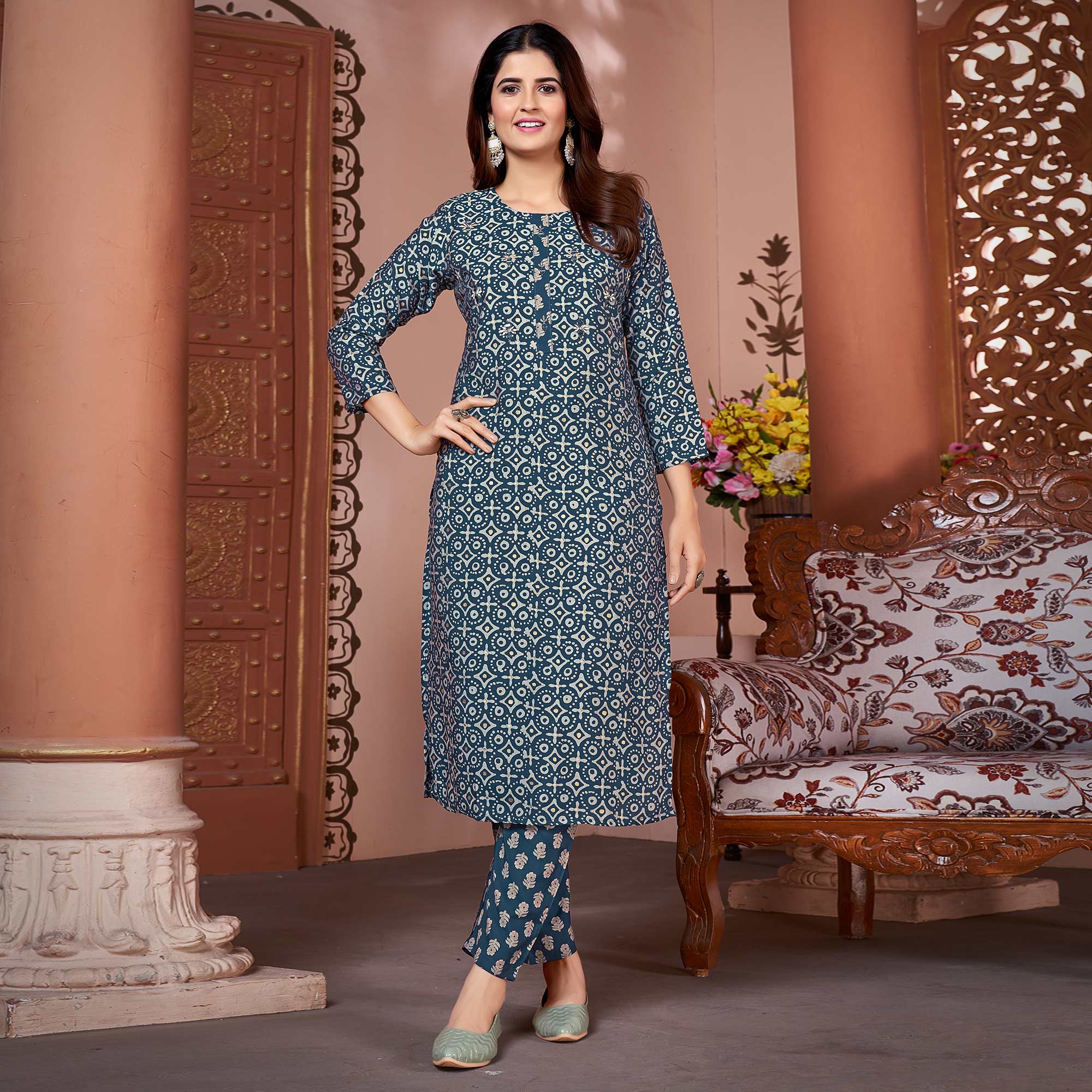 Morpich Blue Foil Printed Viscose Straight Kurti Sets