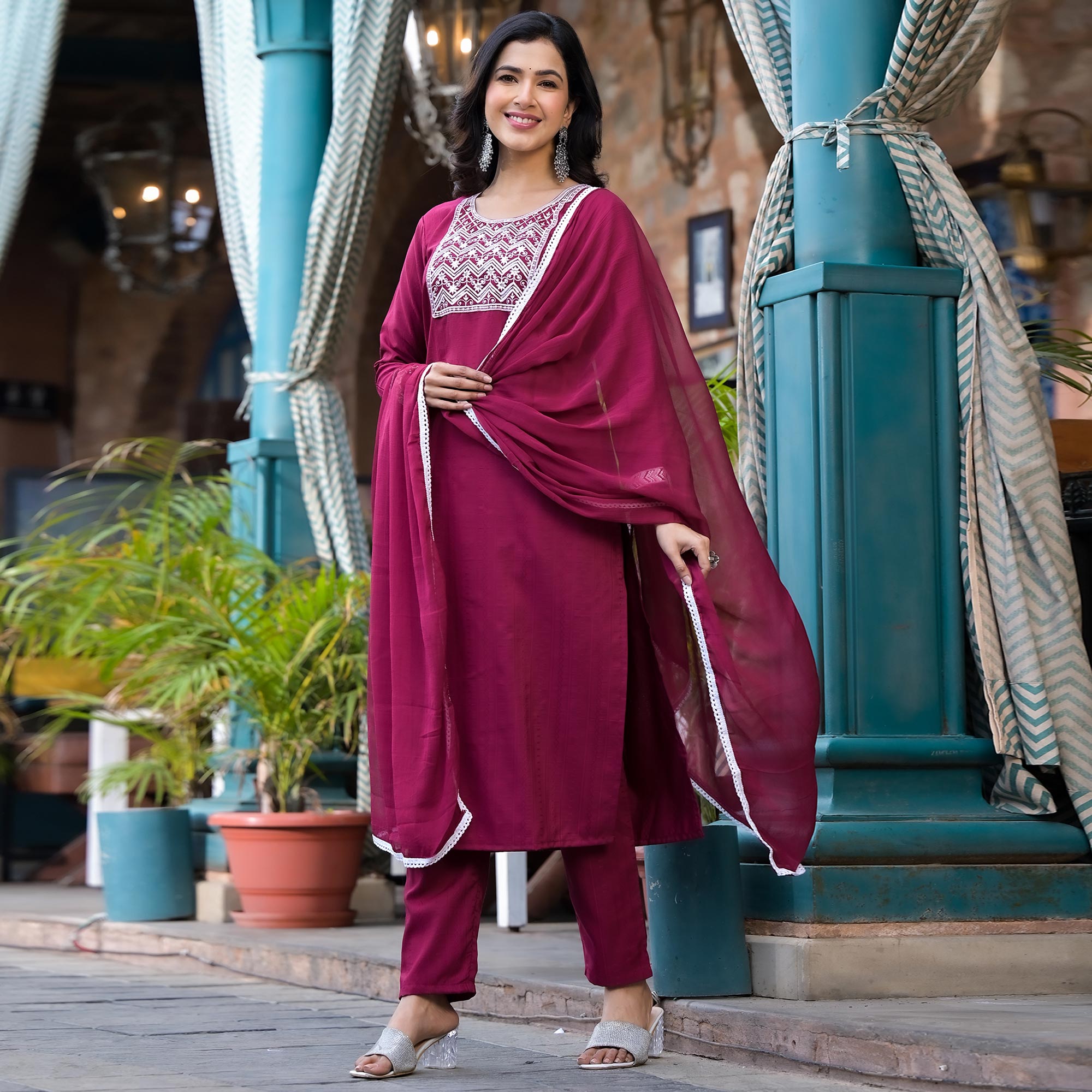 Wine Embroidered Pure Cotton Straight Salwar Suit