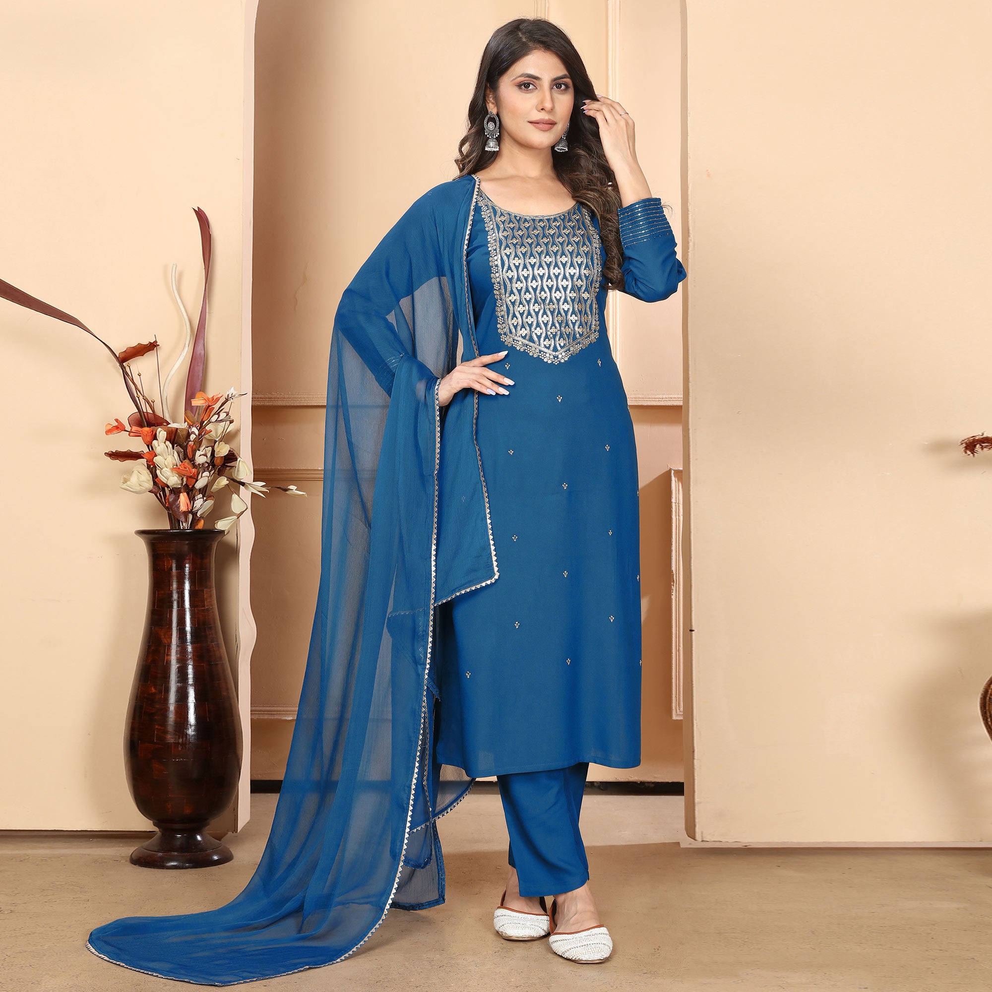 Blue Sequins Embroidered Rayon Straight Salwar Suit