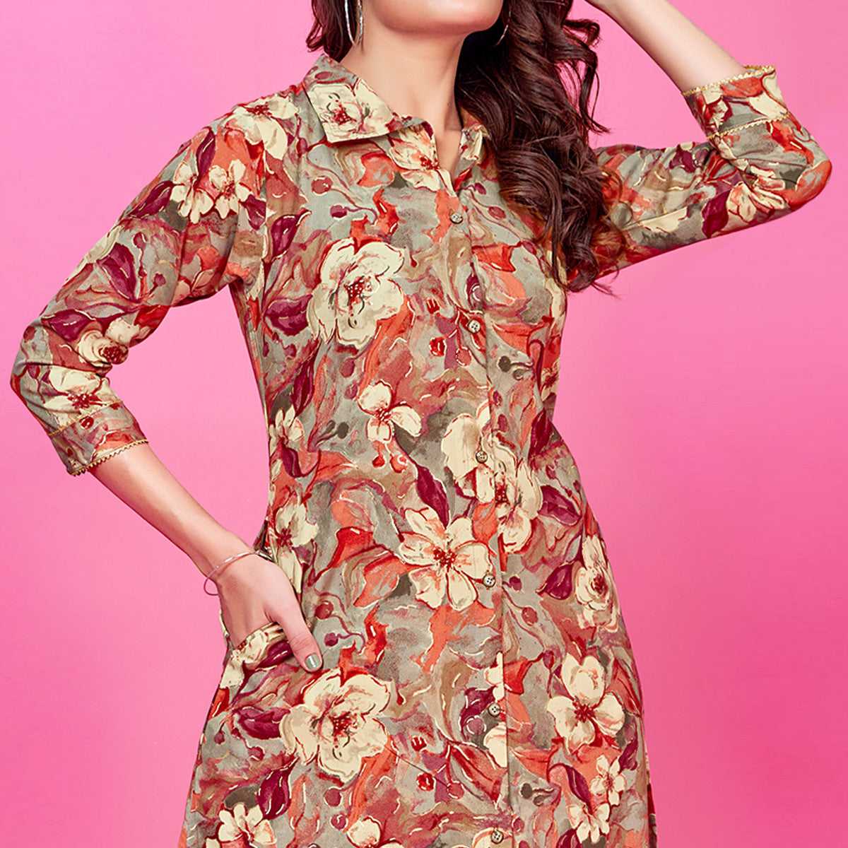 Grey Floral Foil Printed Rayon Co-Ord Set