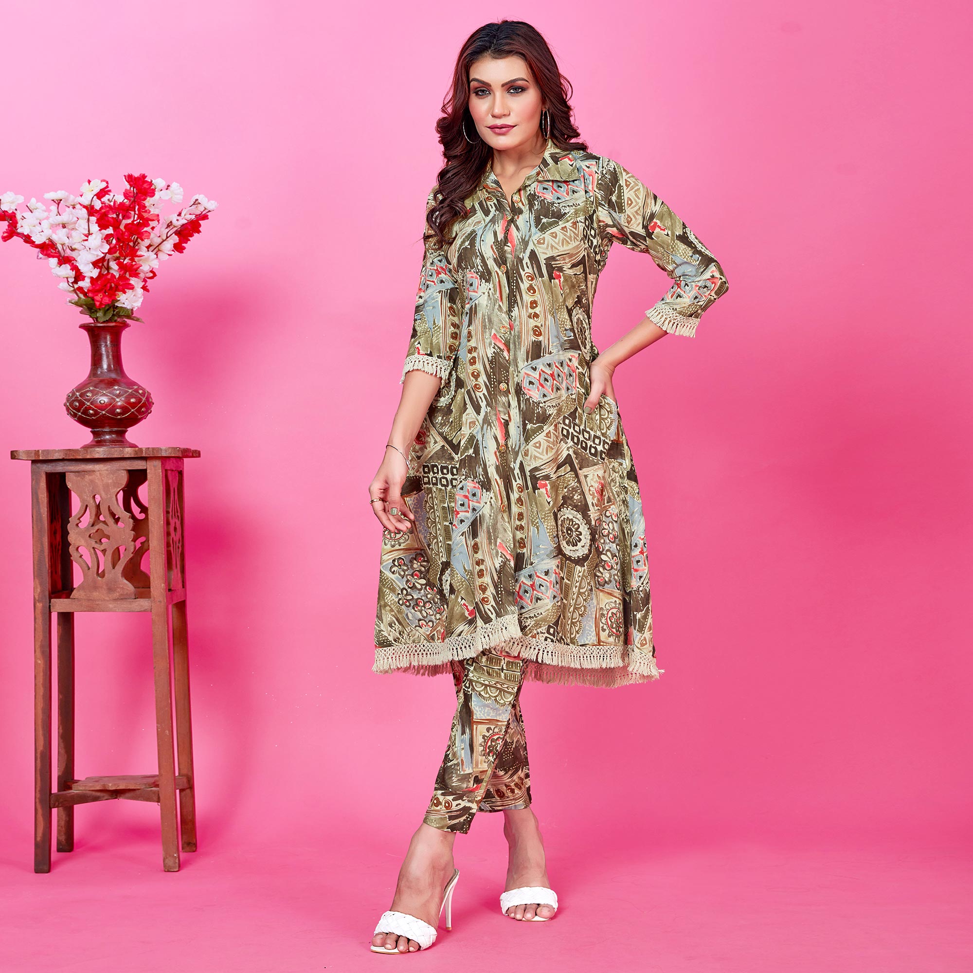 Mehandi Green Floral Foil Printed Rayon Co-Ord Set