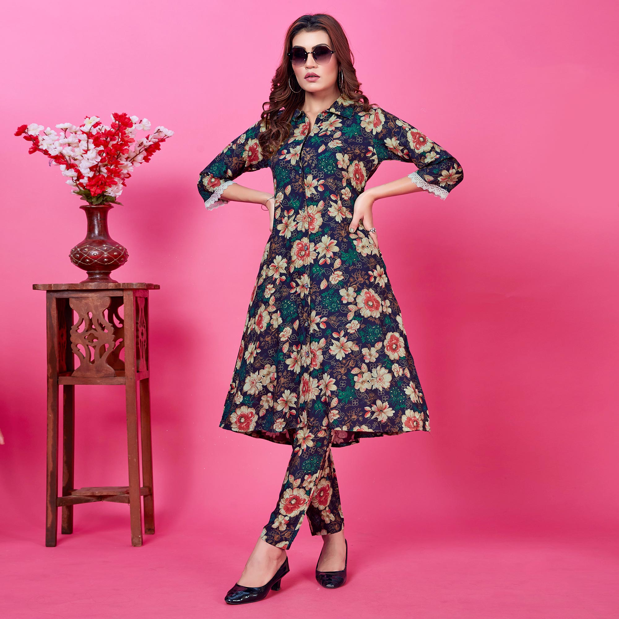 Blue Floral Foil Printed Rayon Co-Ord Set