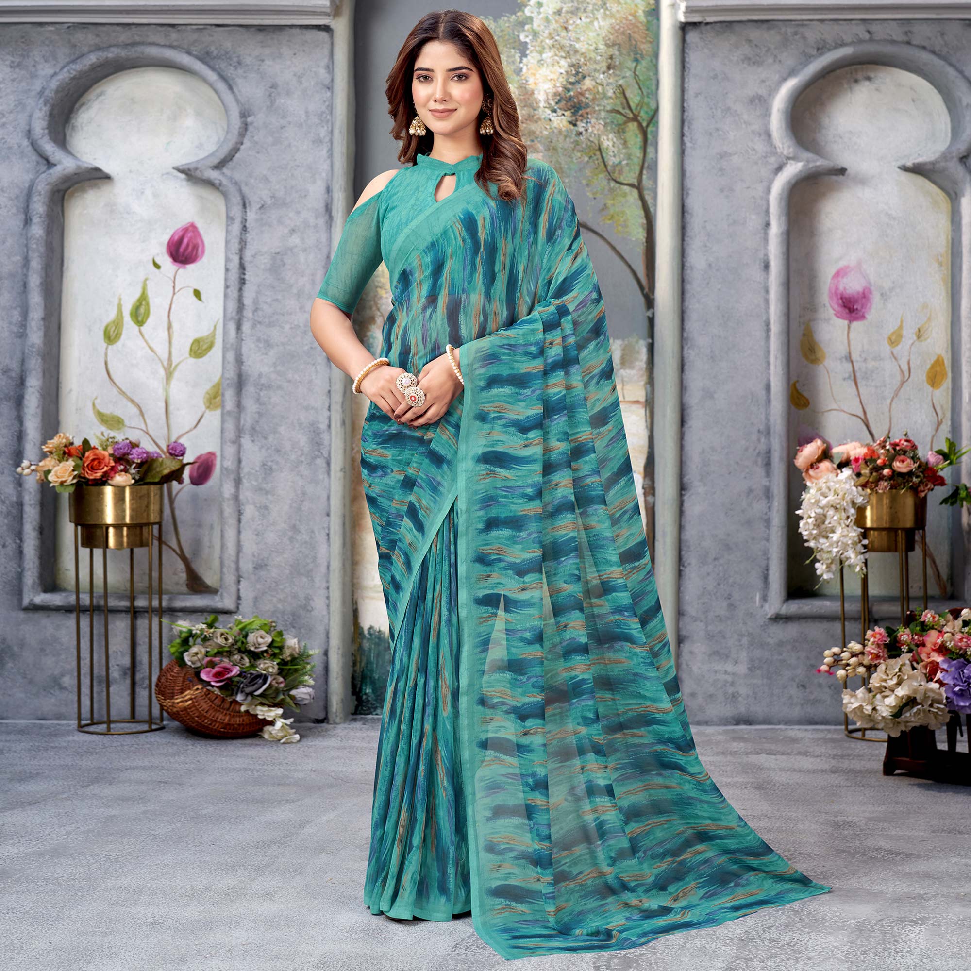 Sea Green Printed Georgette Saree