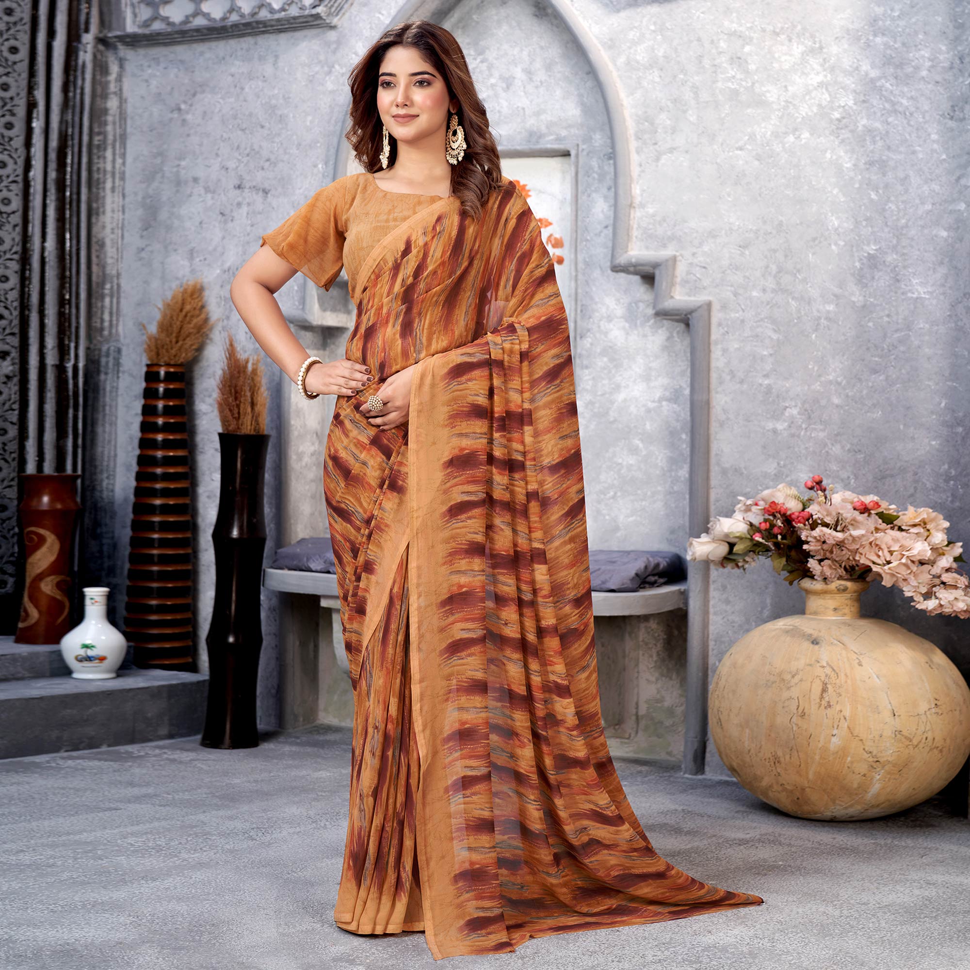 Rust Printed Georgette Saree