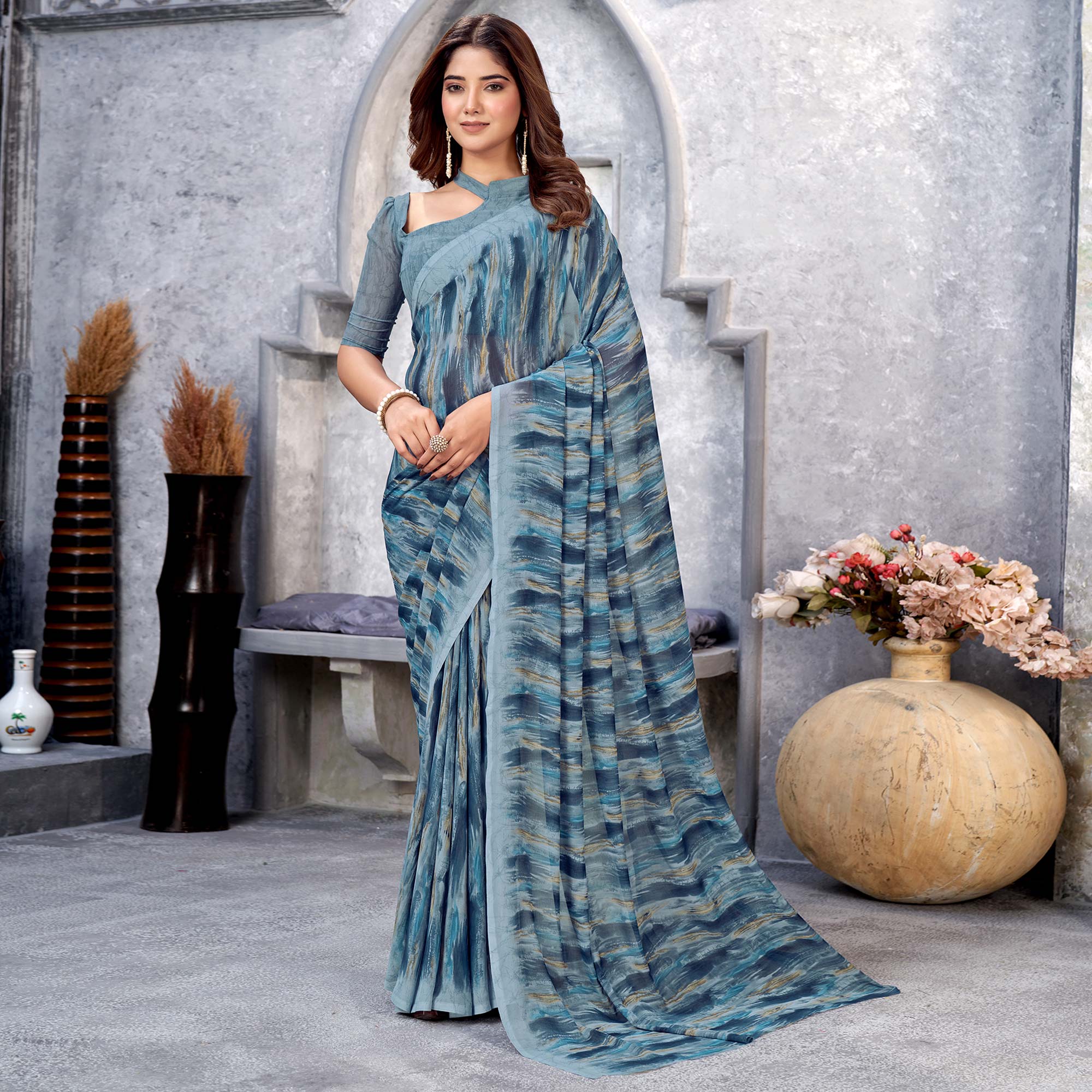 Grey Printed Georgette Saree