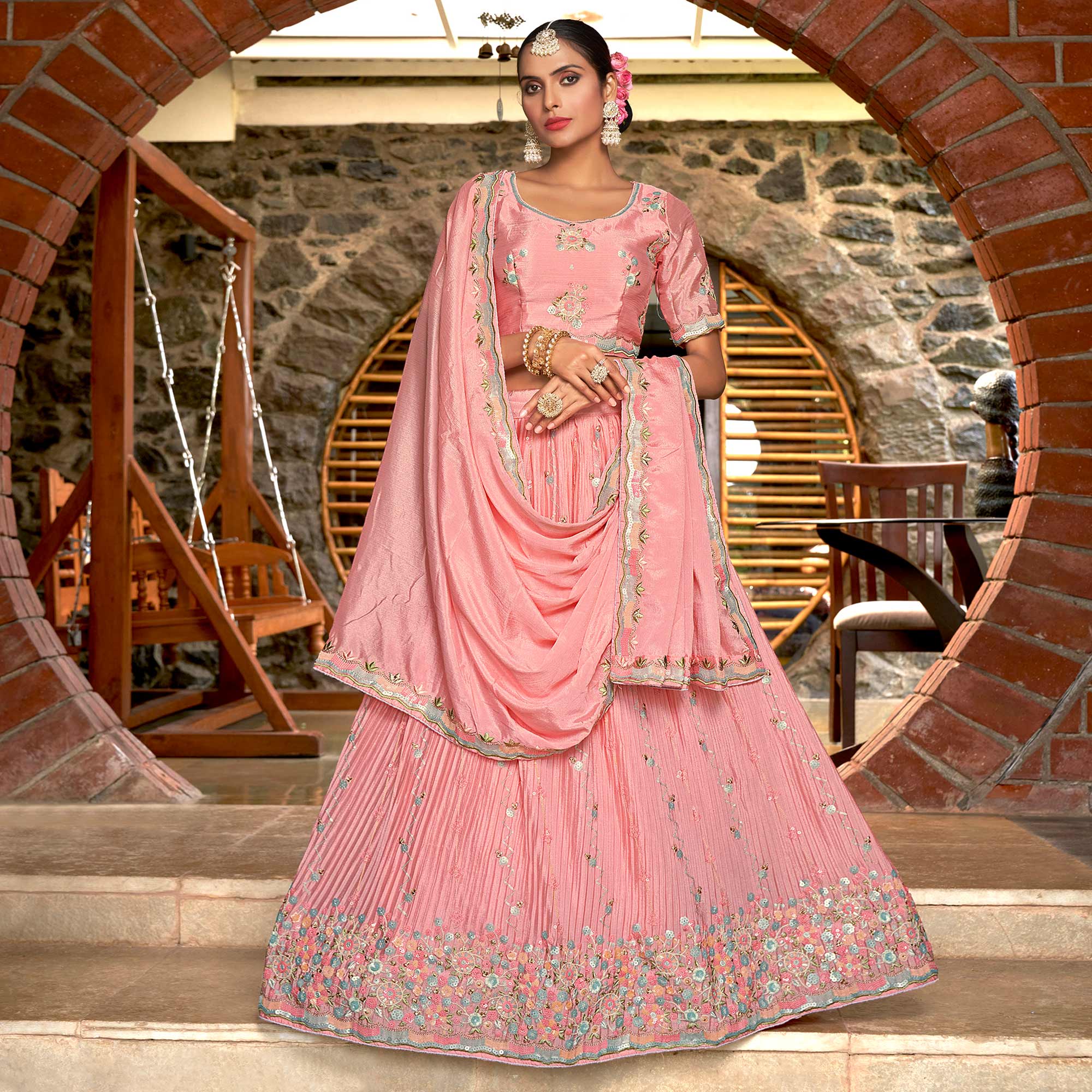 Pink Sequins Floral Embroidered Chiffon Lehenga Choli
