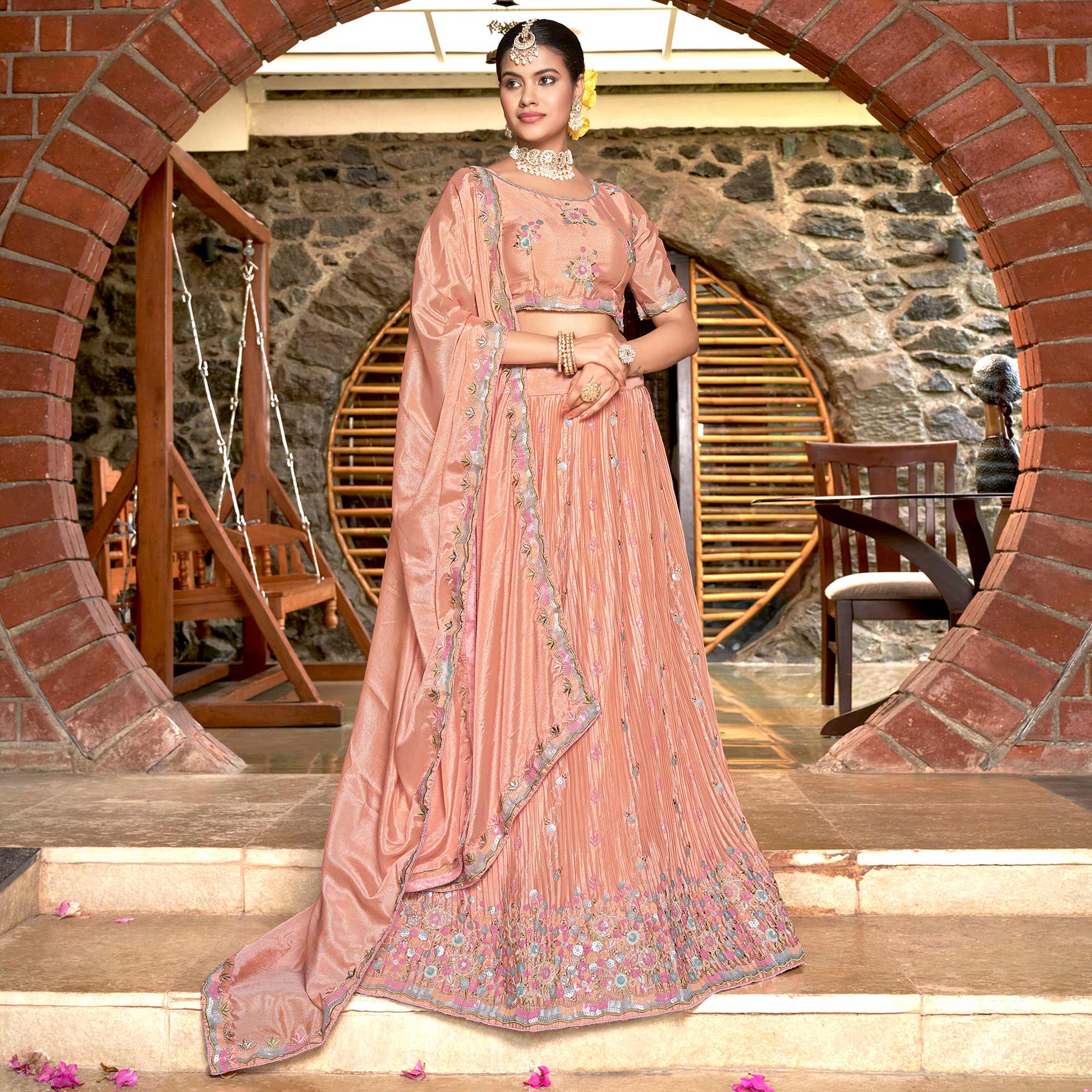 Peach Sequins Floral Embroidered Chiffon Lehenga Choli