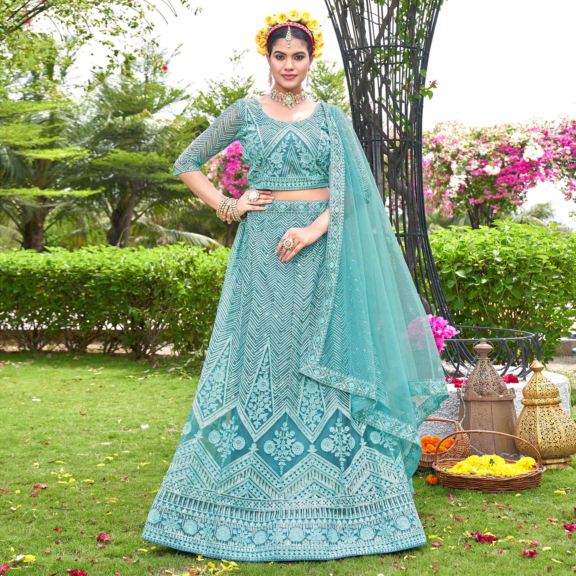 Blue Sequins Floral Embroidered Net Semi Stitched Lehenga Choli