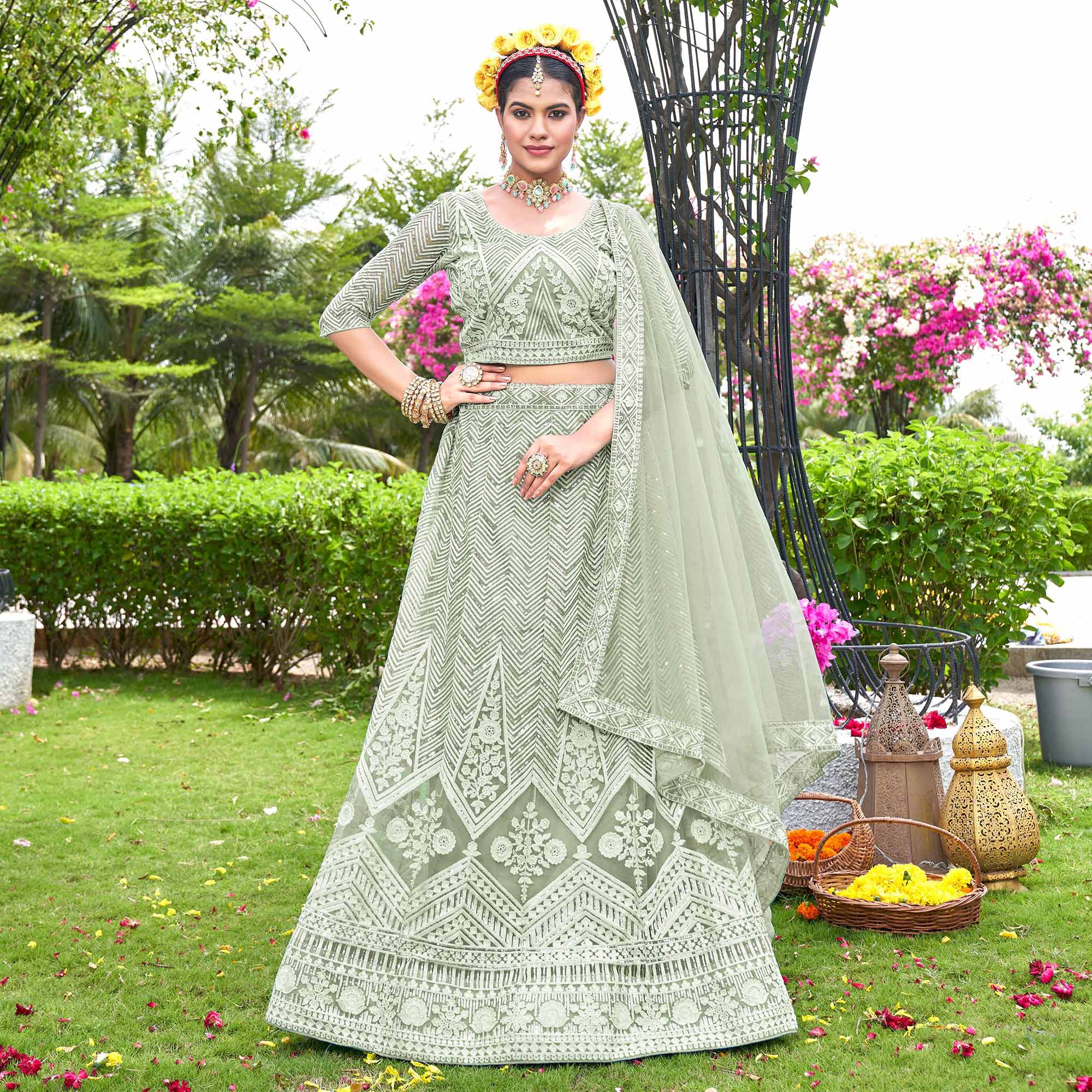 Green Sequins Floral Embroidered Net Semi Stitched Lehenga Choli