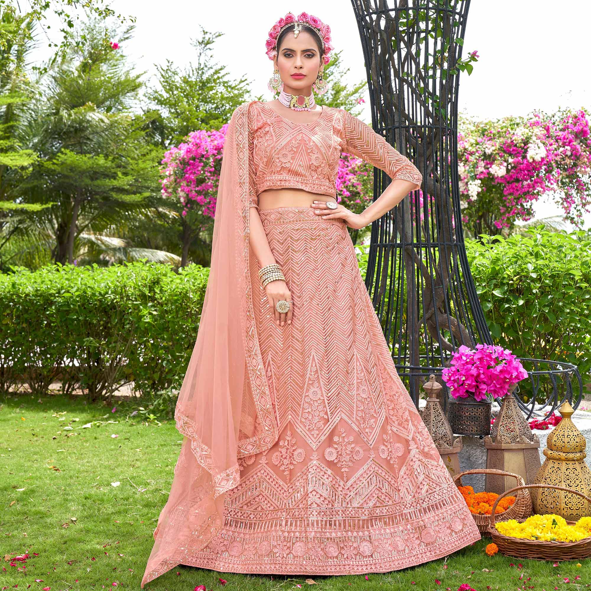 Peach Sequins Floral Embroidered Net Semi Stitched Lehenga Choli