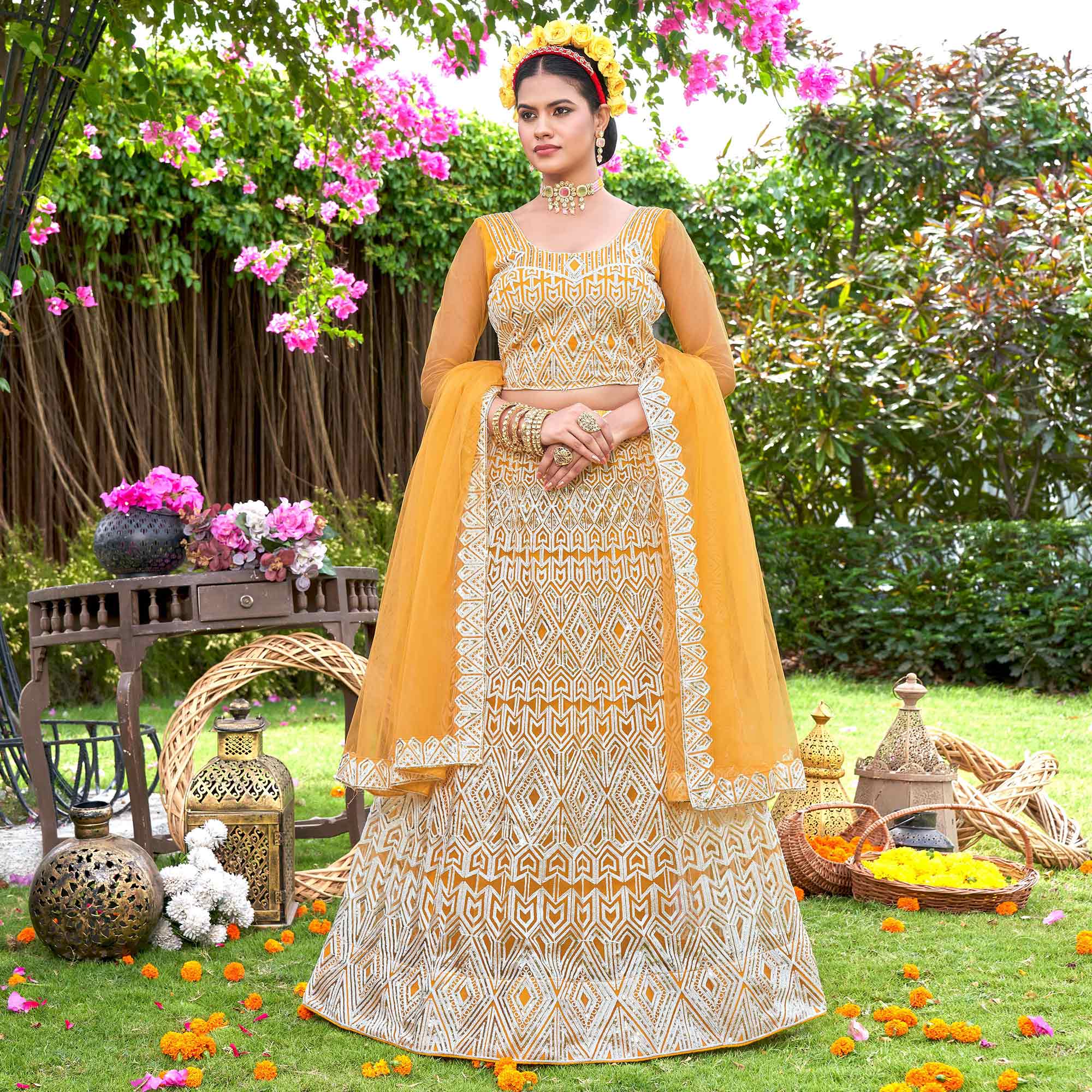 Yellow Sequins Embroidered Net Semi Stitched Lehenga Choli