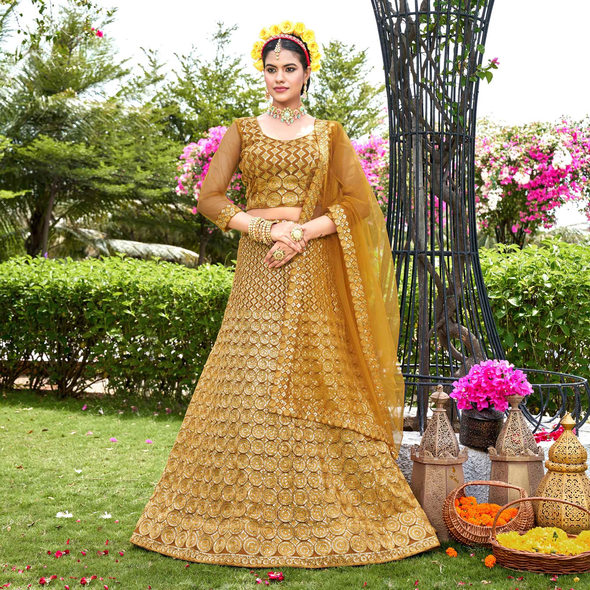 Mustard Sequins Embroidered Net Lehenga Choli
