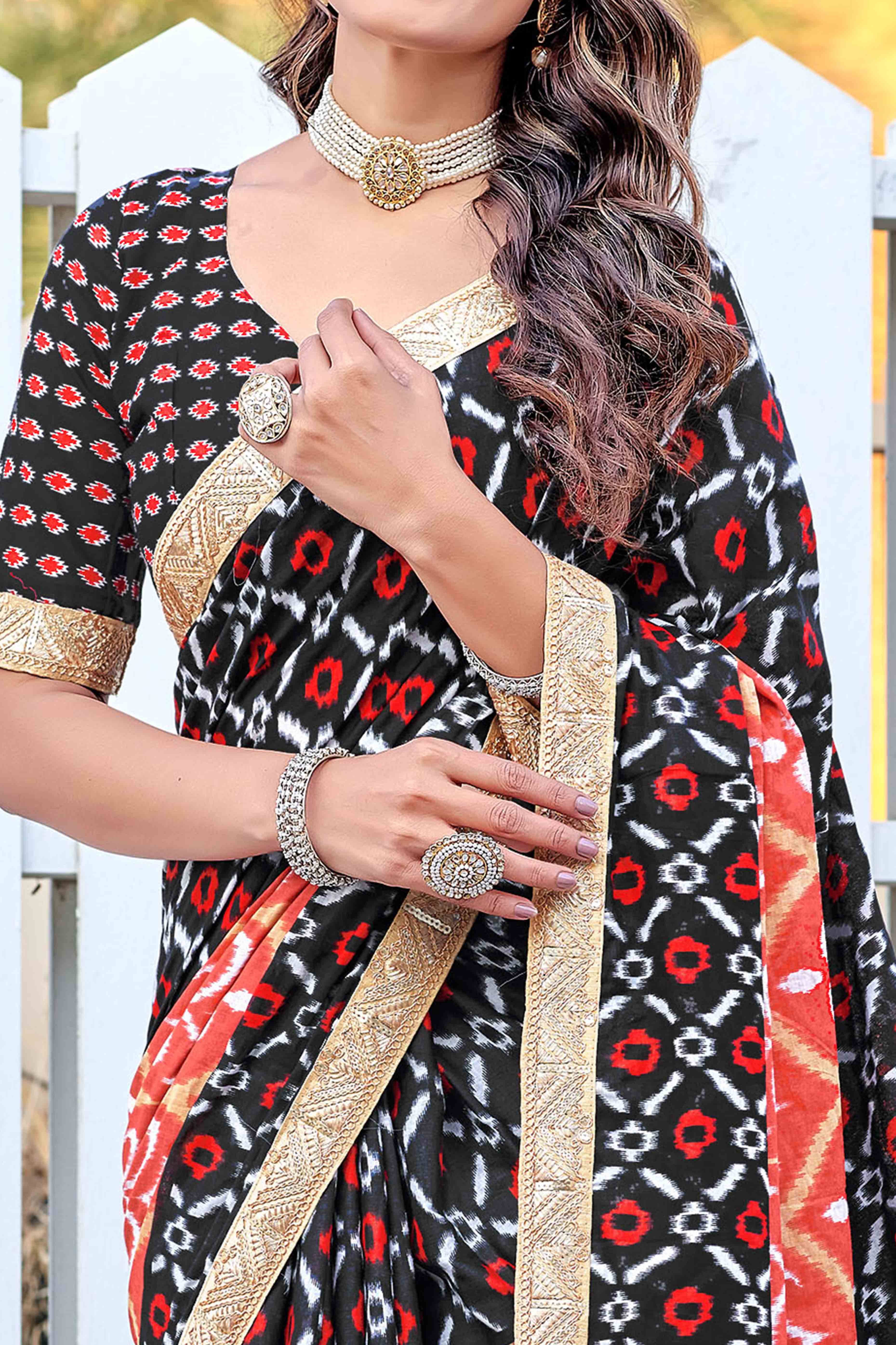 Black & Red Mulmul Cotton Saree with Ikkat Print and Embroidered Lace Border