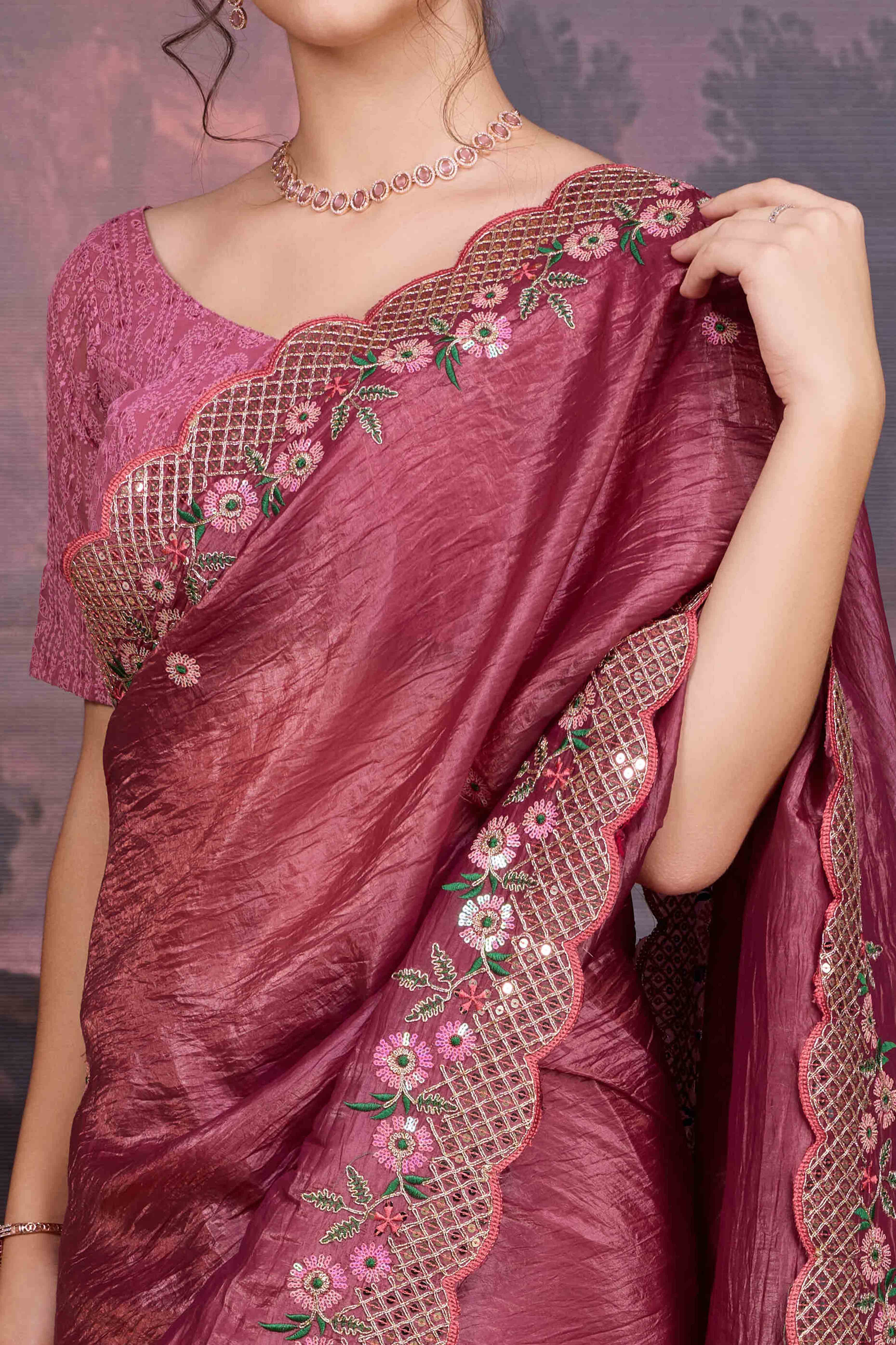 Mauve Floral Design Art Silk Saree with Glittering Sequins Embroidery