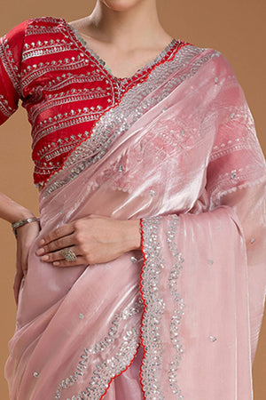 Light Peach Embroidered Saree in Organza with Sequins Accents