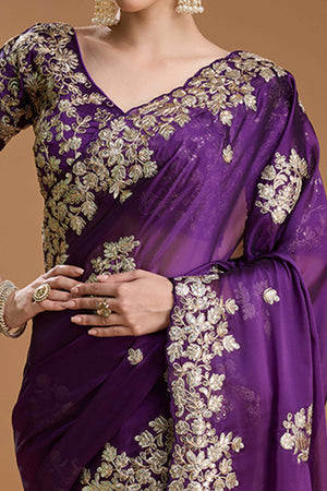 Dark Purple Organza Saree Enhanced with Elegant Sequins Embellishments