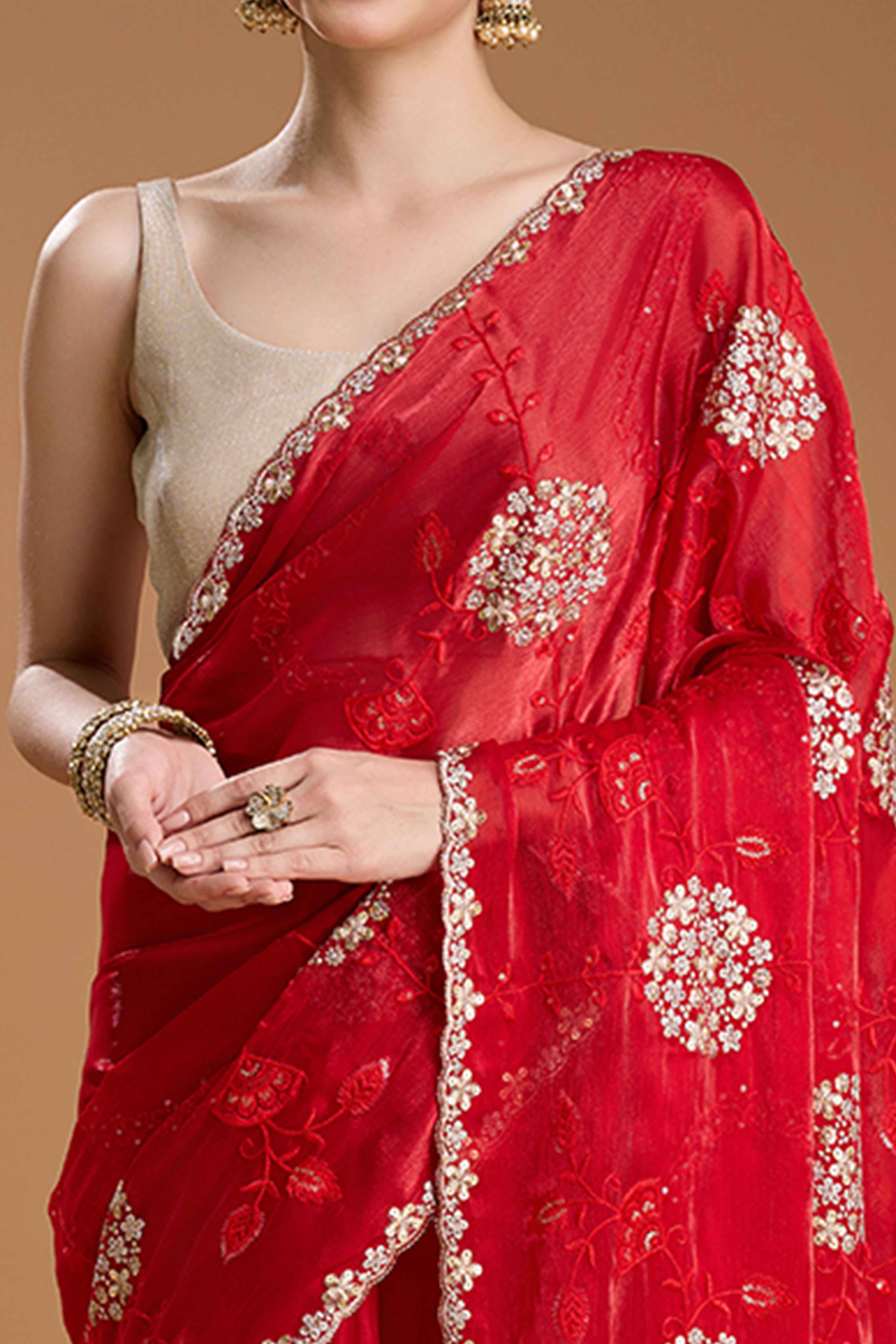 Red Floral Design Organza Saree with Glittering Sequins Embroidery