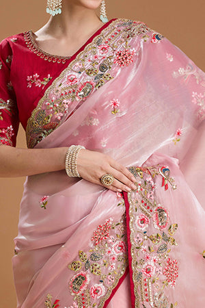 Light Peach Floral Design Organza Saree with Glittering Sequins Embroidery