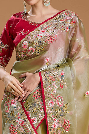 Green Floral Design Organza Saree with Glittering Sequins Embroidery