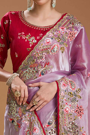 Light Purple Floral Design Organza Saree with Glittering Sequins Embroidery