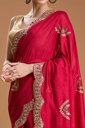 Cherry Red Embroidered Saree in Chiffon with Sequins Accents