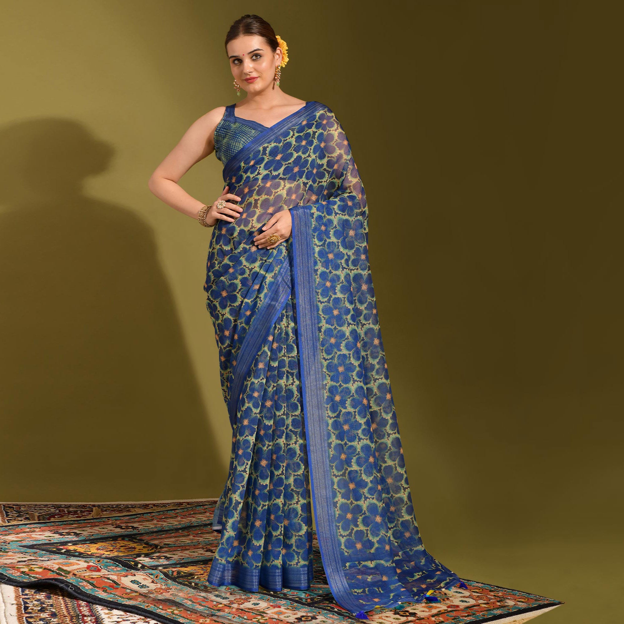 Blue Floral Digital Printed Linen Saree With Tassels