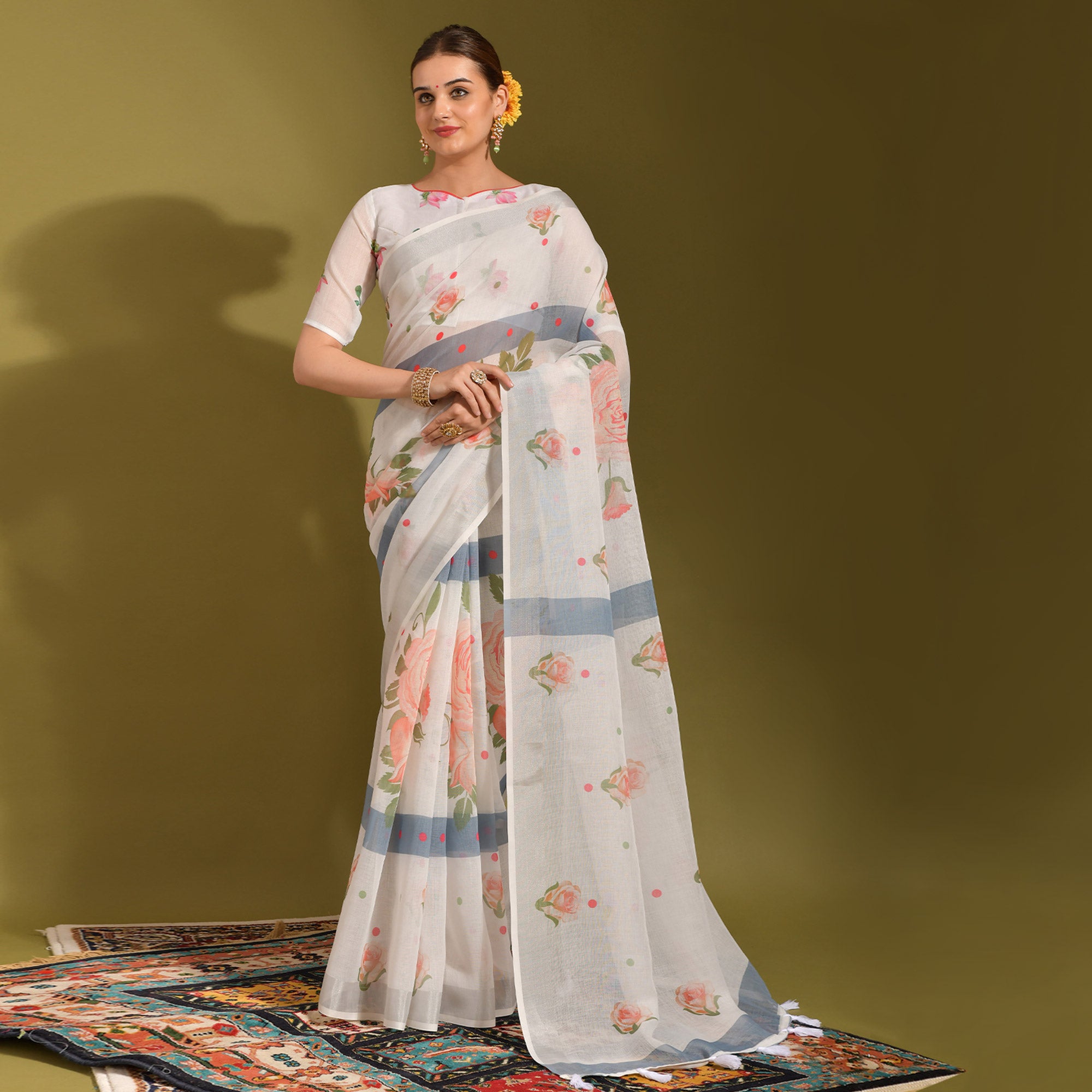 White Floral Digital Printed Linen Saree With Tassels