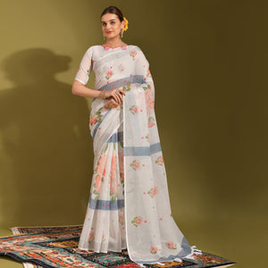 White Floral Digital Printed Linen Saree With Tassels