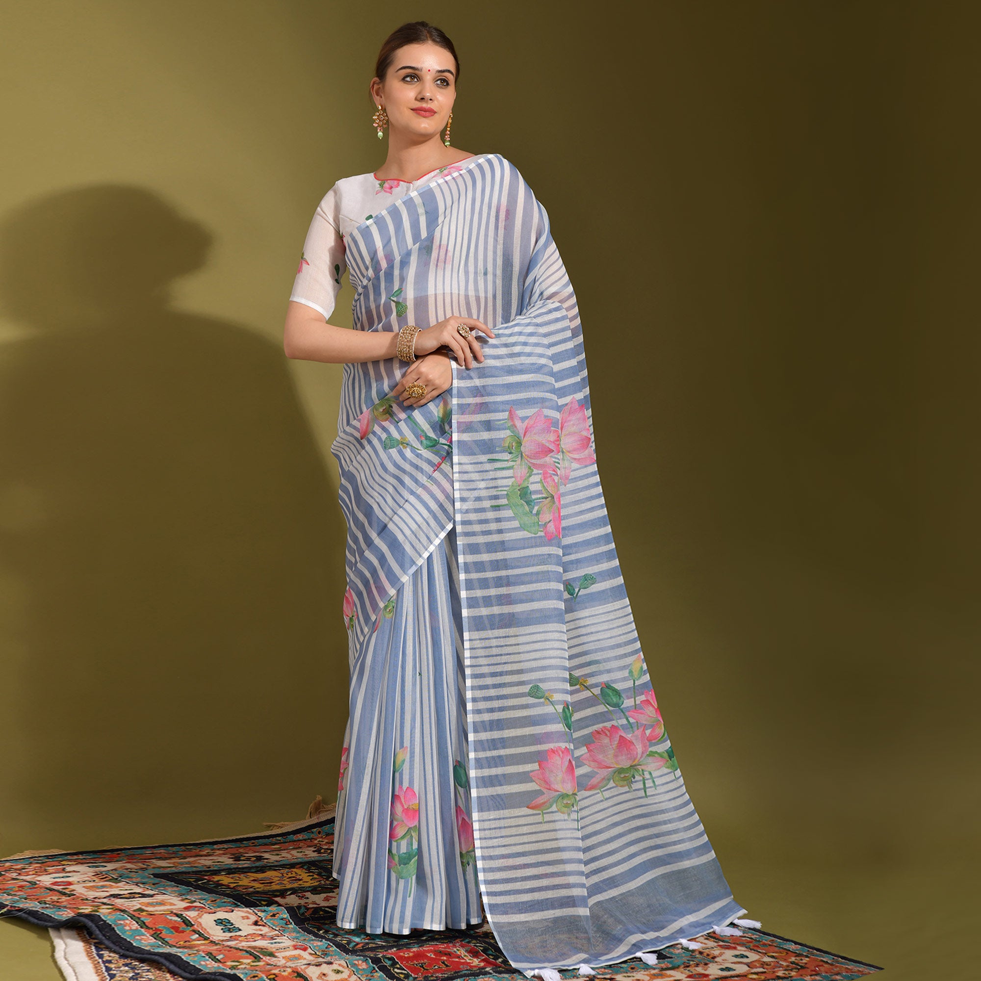 Sky Blue Floral Digital Printed Linen Saree With Tassels