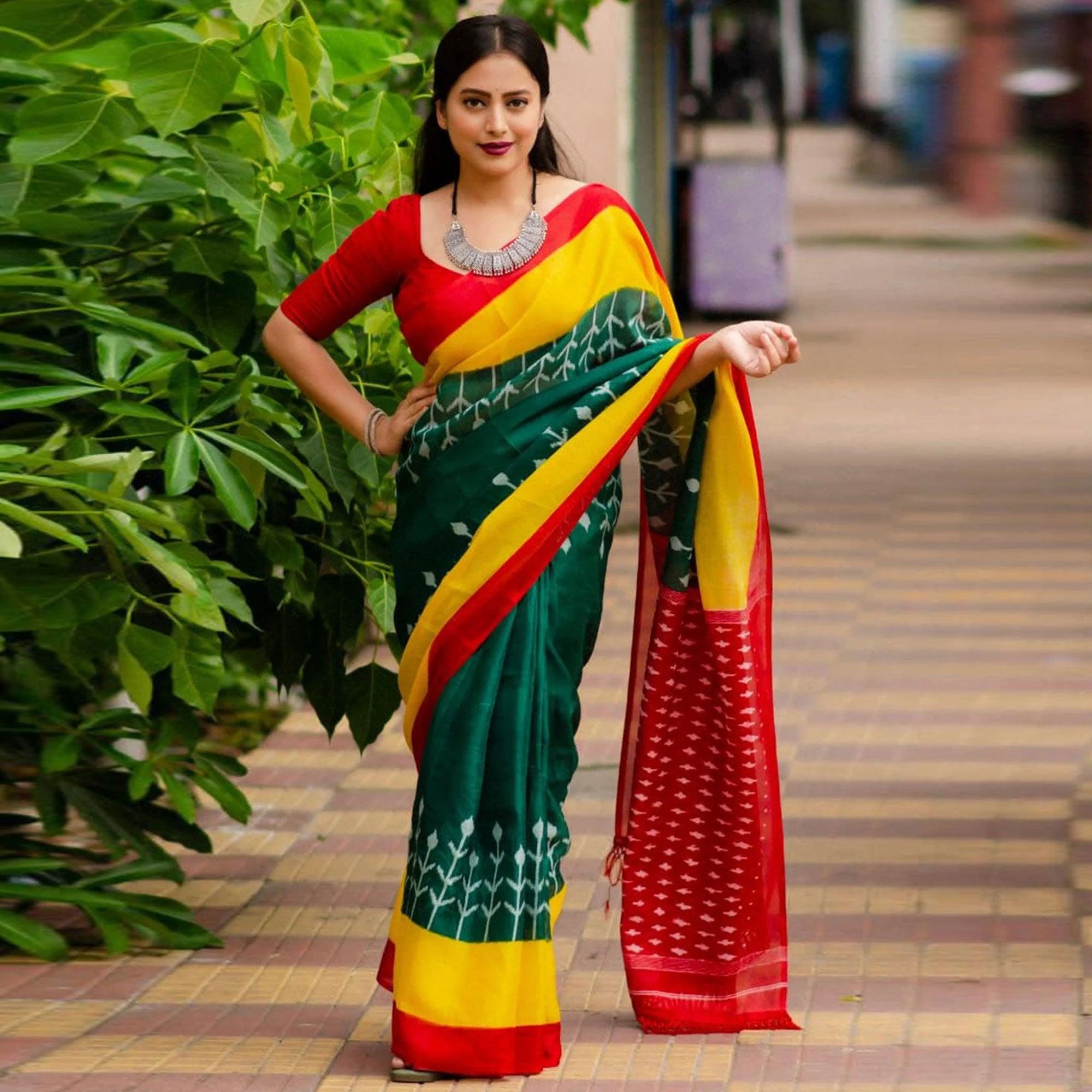 Green Digital Printed Linen Saree With Tassels