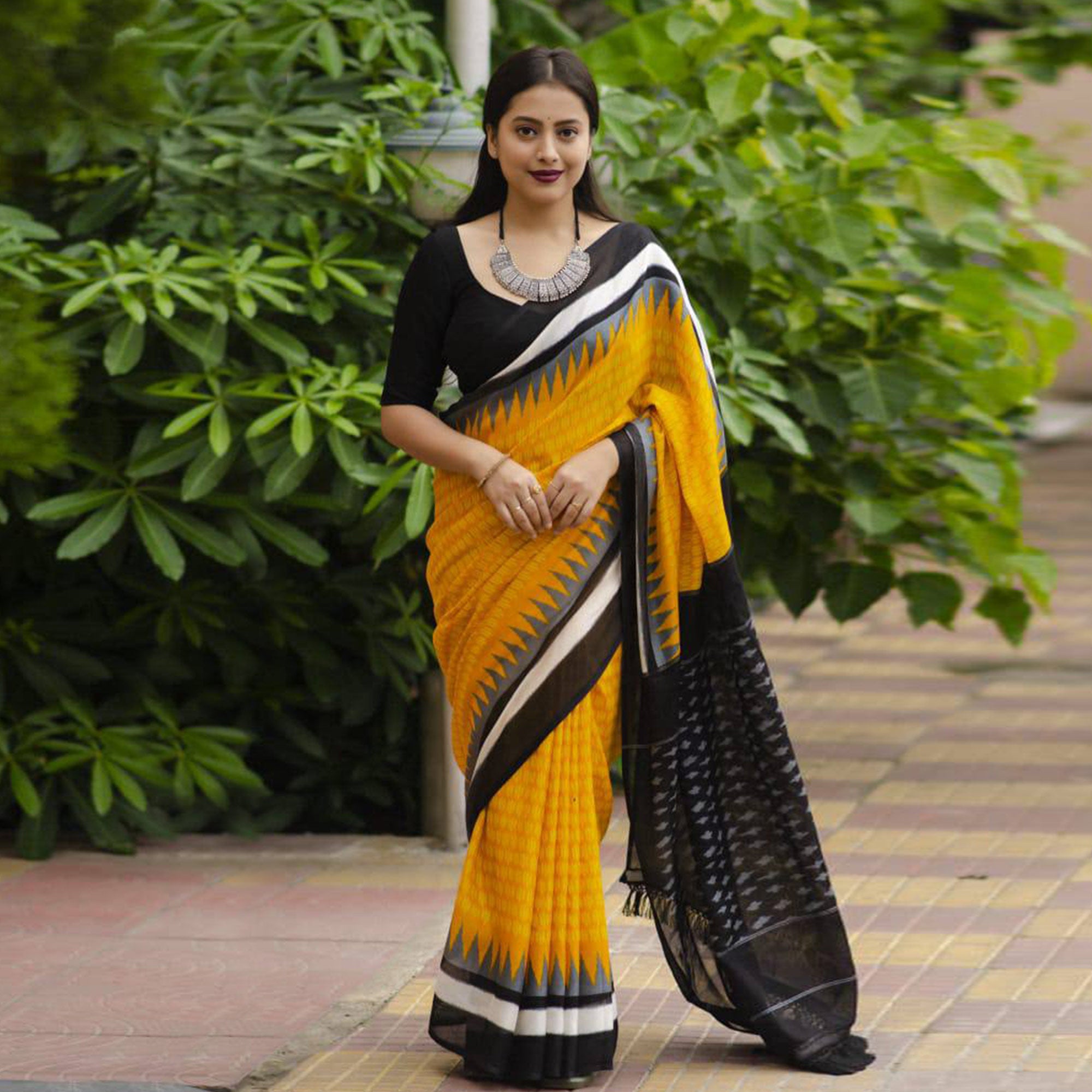 Yellow Digital Printed Linen Saree With Tassels