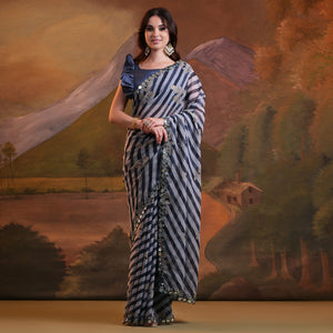 Blue Leheriya With Floral Foil Printed Georgette Saree