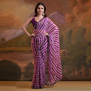 Purple Leheriya With Floral Foil Printed Georgette Saree