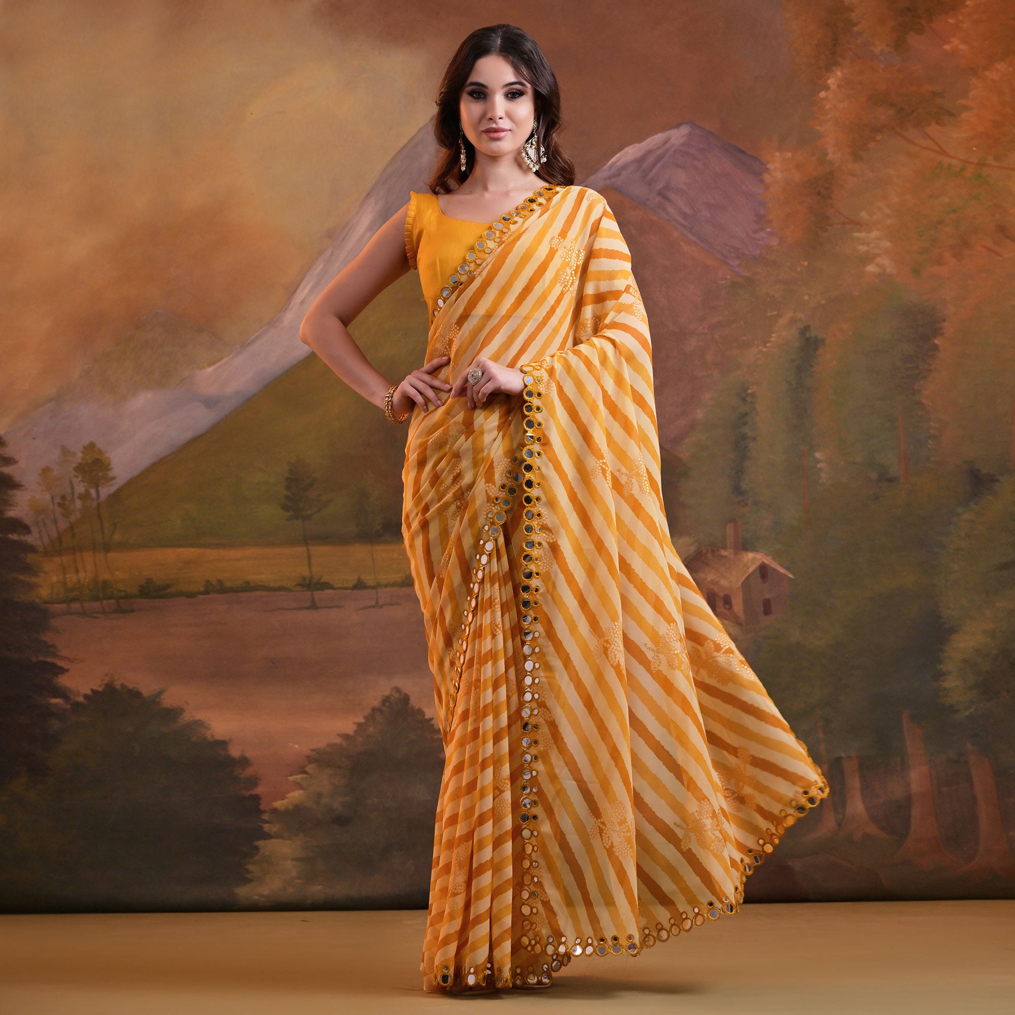 Yellow Leheriya With Floral Foil Printed Georgette Saree