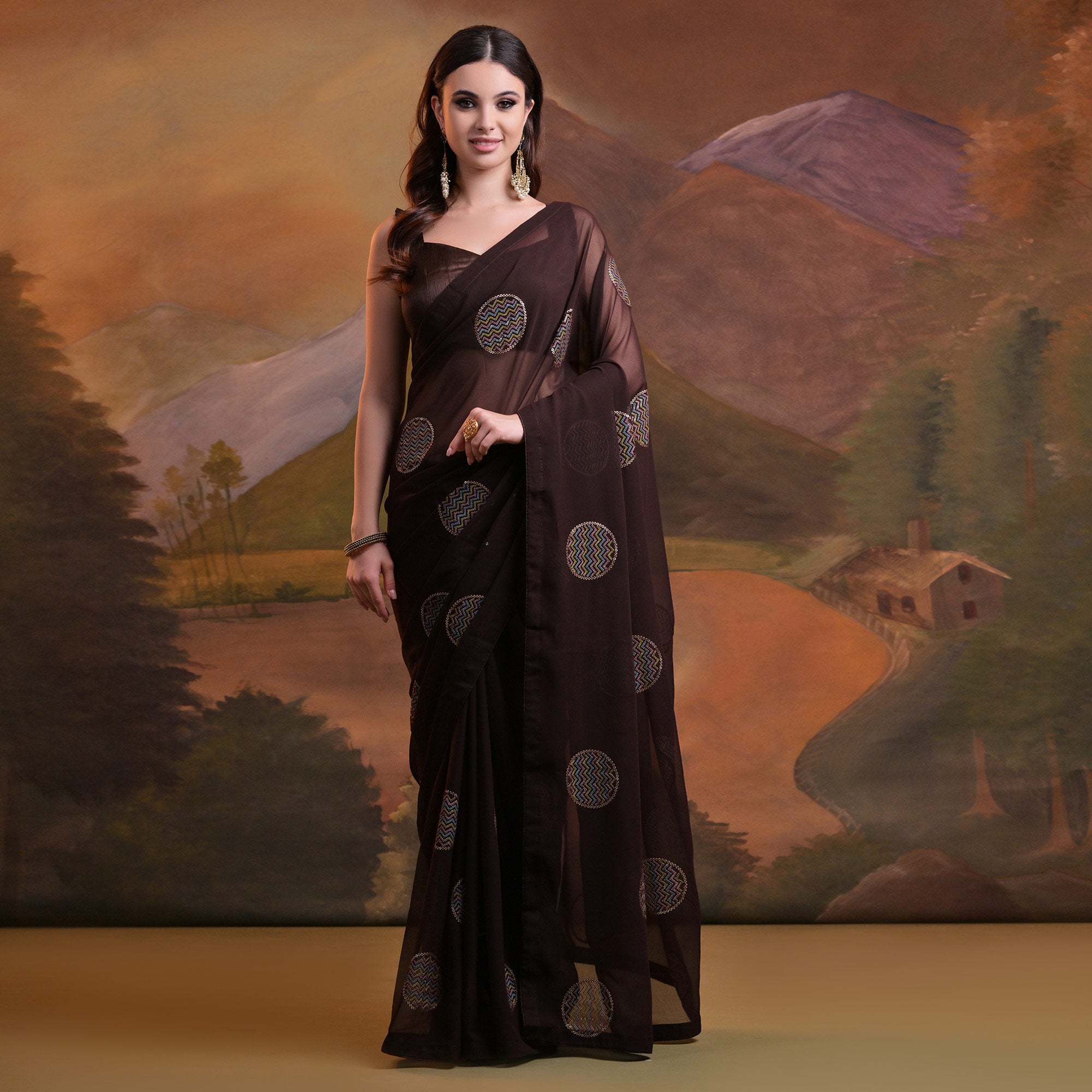 Dark Brown Sequins Embroidered Georgette Saree