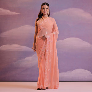 Peach Floral Sequins Embroidered Saree